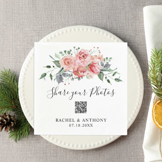Blush Pink Rose Wedding QR Code Share Photos Napkin (Creator Uploaded)
