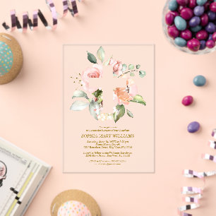 Blush Pink Rose & White Cross Girl Baptism  Acrylic Invitations