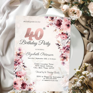Blush Pink Roses 40th Birthday  Invitation