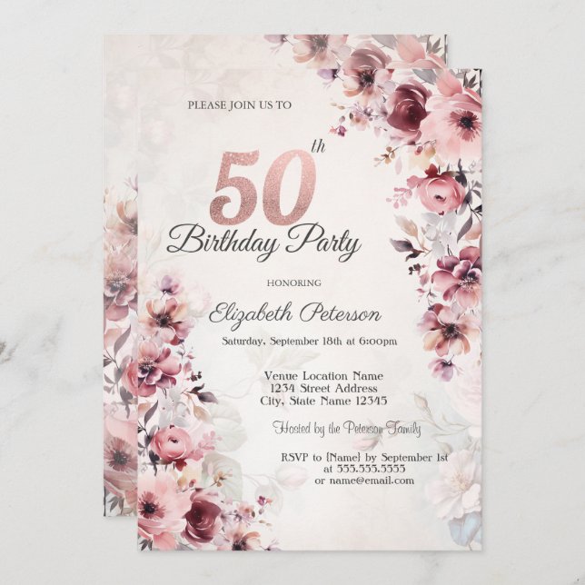 Blush Pink Roses 50th Birthday  Invitation (Front/Back)