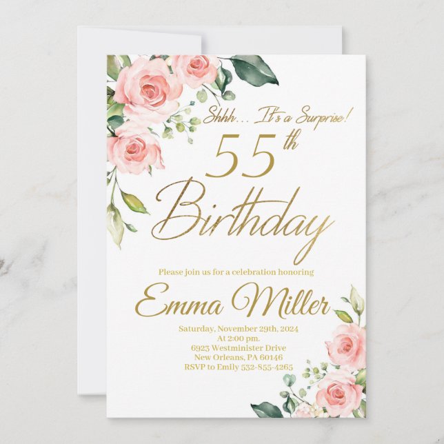 Blush Pink Roses 55th Birthday Party Invitation (Front)