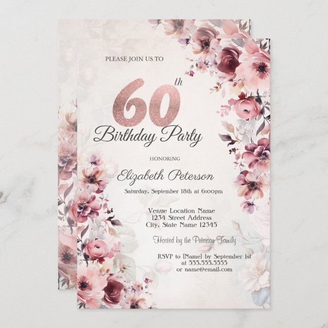 Blush Pink Roses 60th Birthday  Invitation (Front/Back)