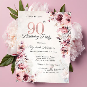 Blush Pink Roses 90th Birthday Invitation