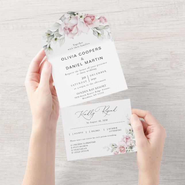Blush Pink Roses All in One Wedding Invitation (Tearaway)