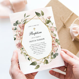 Blush Pink Roses and Gold   Baptism Invitation