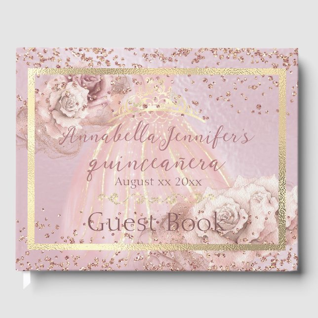 Blush Pink Roses and Gold Quinceañera Guest Book (Front)