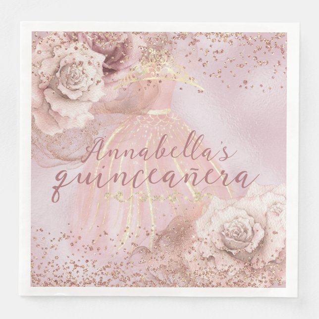 Blush Pink Roses and Gold Quinceañera Napkin (Front)