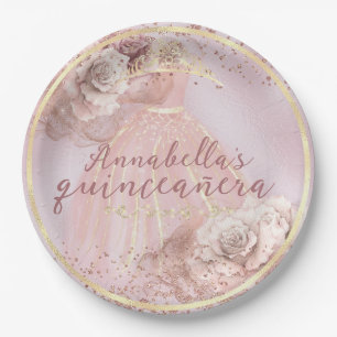 Blush Pink Roses and Gold Quinceañera Paper Plate