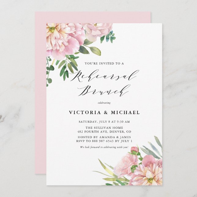 Blush Pink Roses and Hydrangeas Rehearsal Brunch Invitation (Front/Back)