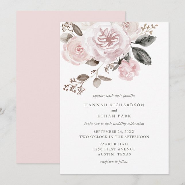 Blush Pink Roses and Peonies | Watercolor Wedding Invitation (Front/Back)