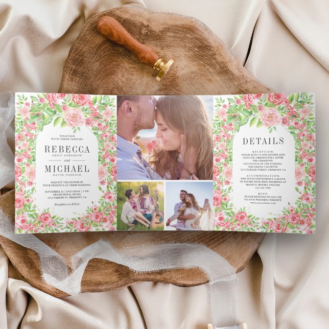 Blush Pink Roses Arch Floral Photo Collage Wedding Tri-Fold Invitation (Creator Uploaded)