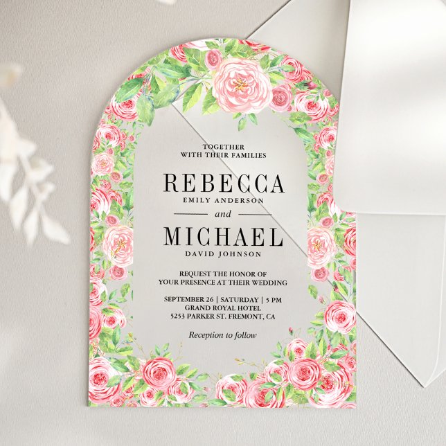 Blush Pink Roses Arch Floral Wedding Acrylic Invitations (Creator Uploaded)