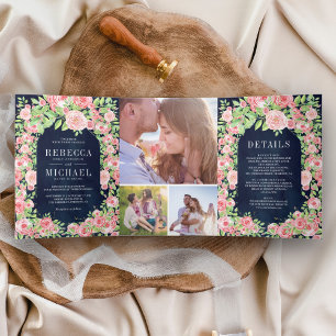 Blush Pink Roses Arch Photo Collage Navy Wedding Tri-Fold Invitation