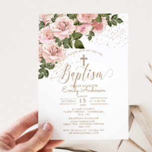 Blush Pink Roses Baptism Christening Invitation