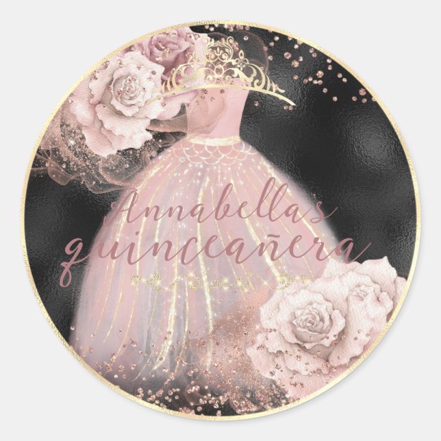 Blush Pink Roses Black & Gold Quinceañera Classic Round Sticker (Front)