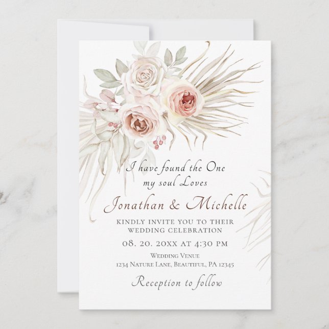 Blush Pink Roses Boho Floral Christian Wedding Invitation (Front)
