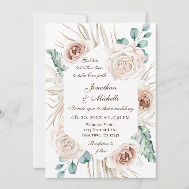 Blush Pink Roses Boho Floral Christian Wedding Invitation (Front)