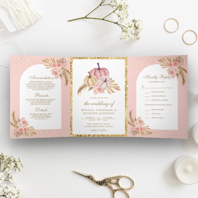 Blush Pink Roses Boho Pampas Grass Pumpkin Wedding Tri-Fold Invitation (Creator Uploaded)
