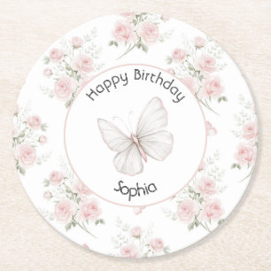 Blush Pink Roses Bows Butterfly Birthday Round Paper Coaster
