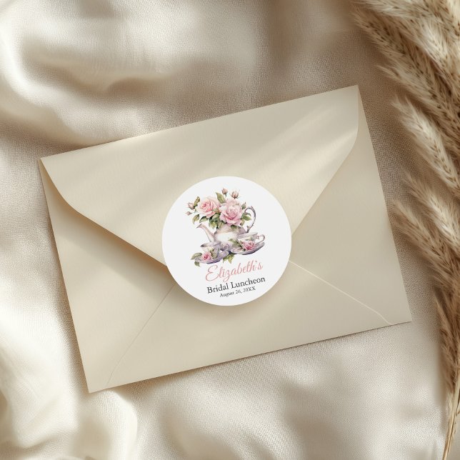 Blush Pink Roses Bridal Luncheon Tea Brunch Classic Round Sticker (Blush Pink Roses Bridal Luncheon Tea Brunch Classic Round Sticker on a small envelope.)