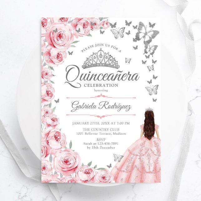 Blush Pink Roses Butterflies Floral Quinceanera Invitation (Creator Uploaded)