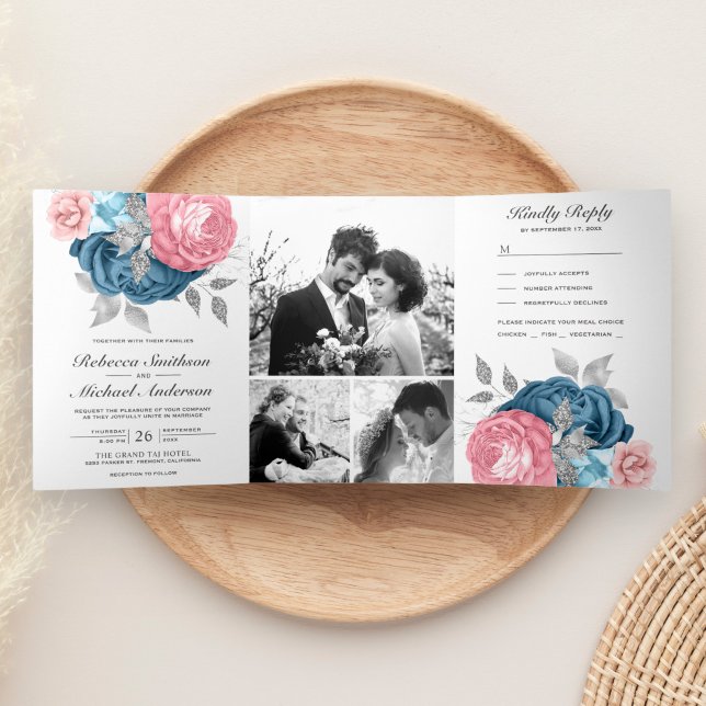 Blush Pink Roses Dusty Blue Floral Wedding Tri-Fold Invitation (Creator Uploaded)