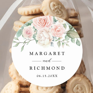 Blush Pink Roses Elegant Wedding Classic Round Sticker
