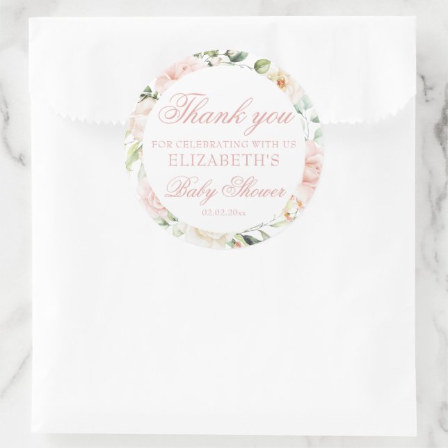 Blush Pink Roses Eucalyptus Girl Baby Shower Classic Round Sticker (Bag)