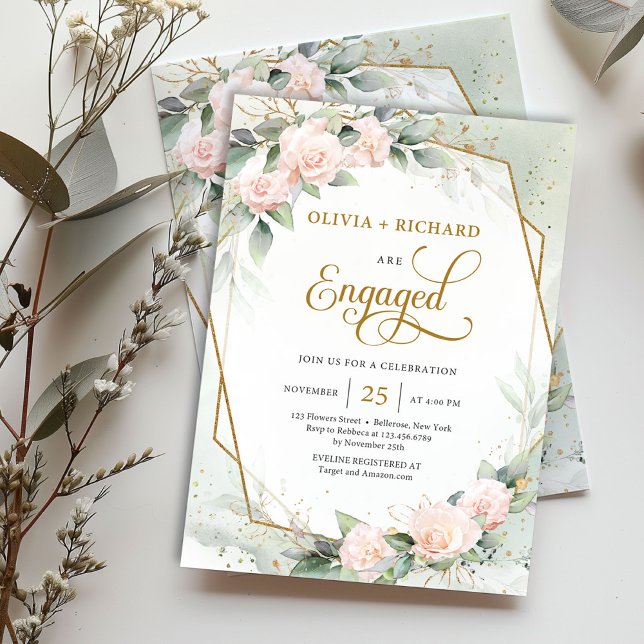 Blush pink roses eucalyptus gold frame engagement invitation (Modern watercolor pale pink roses mixed eucalyptus and gold frame engagement invitation digital)