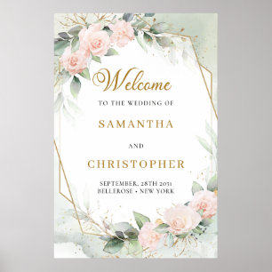 Blush pink roses eucalyptus gold wedding welcome poster