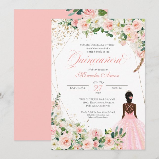 Blush Pink Roses Floral Afrolatina Quinceanera Invitation (Front/Back)