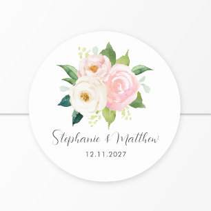 Blush Pink Roses Floral Botanical Wedding Classic Round Sticker