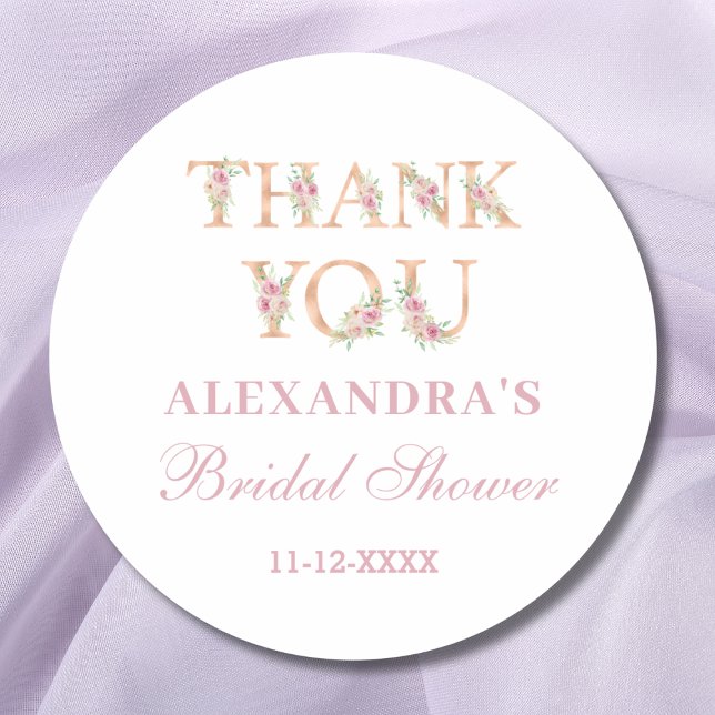 Blush Pink Roses Floral Bridal Shower Thank You Classic Round Sticker (Creator Uploaded)