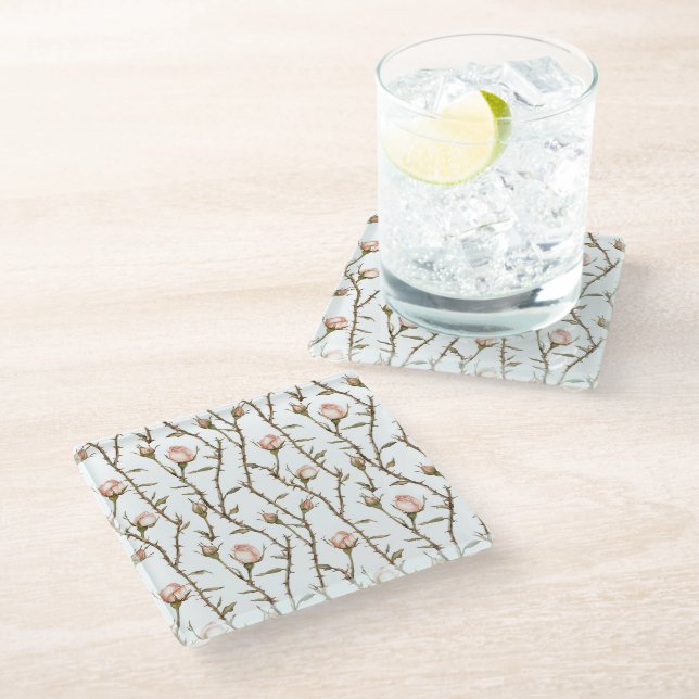 Blush Pink Roses Floral Glass Coaster (Angled)