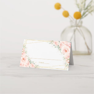 Blush Pink Roses Floral Gold Geometric  Place Card