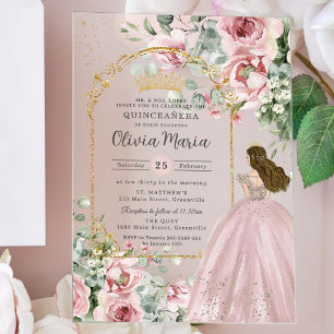 Blush Pink Roses Floral Gold Quinceañera Sweet 16 Acrylic Invitations