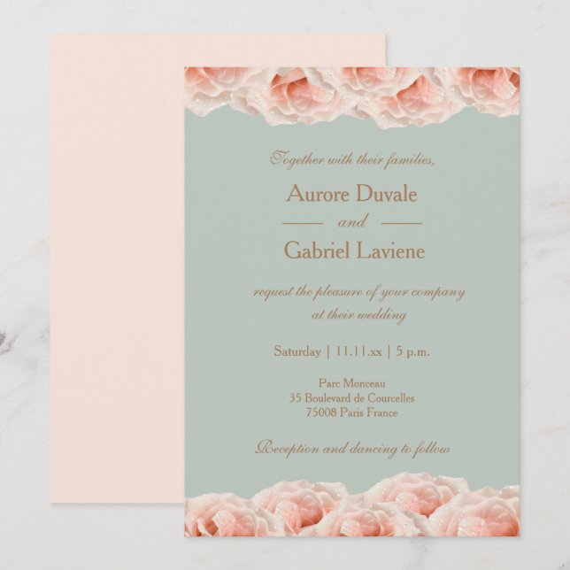 Blush Pink Roses Floral Sage Gold Elegant Wedding Invitation (Front/Back)