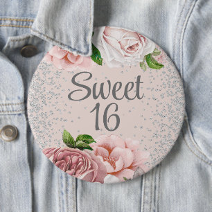 Blush Pink Roses Floral Silver Glitter Sweet 16   6 Cm Round Badge