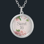 Blush Pink Roses Floral Silver Glitter Sweet 16   Silver Plated Necklace<br><div class="desc">Elegant vintage botanical blush pink watercolor roses and green leaves on pink Sweet 16 silver plated necklace with sparkling silver glitter. Contact me for assistance with your customisations or to request additional matching or coordinating Zazzle products for your party.</div>