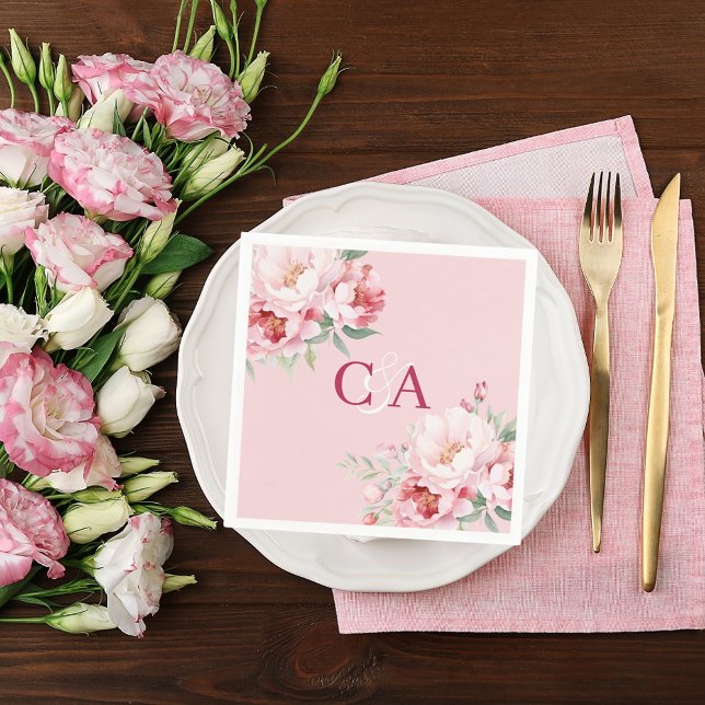 Blush pink roses florals monogram wedding napkin (Creator Uploaded)