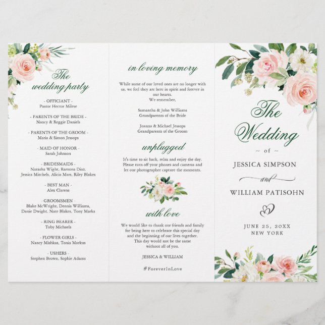 Blush Pink Roses Flowers Wedding Ceremony Program (Front)