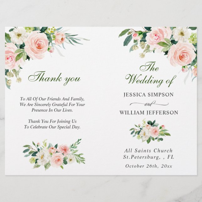 Blush Pink Roses Flowers Wedding Program (Front)
