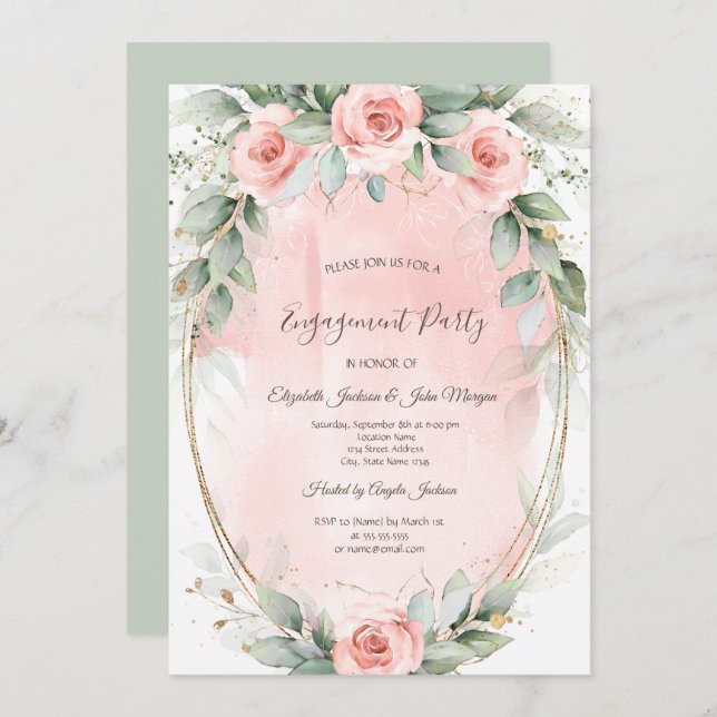Blush Pink Roses Gold Frame  Invitation (Front/Back)