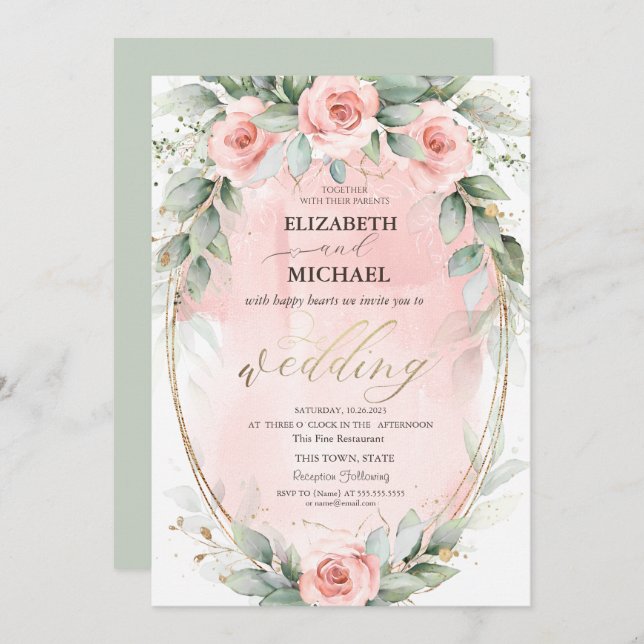 Blush Pink Roses Gold Frame Wedding Invitation (Front/Back)
