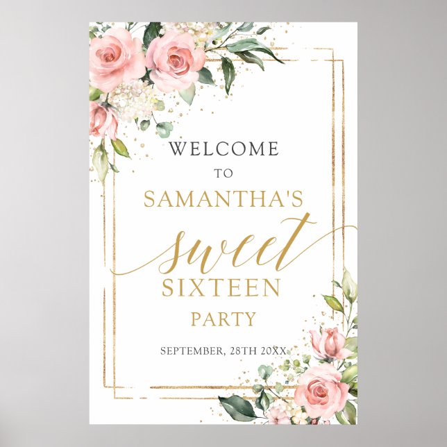 Blush pink roses gold glitter 16 birthday welcome poster (Front)
