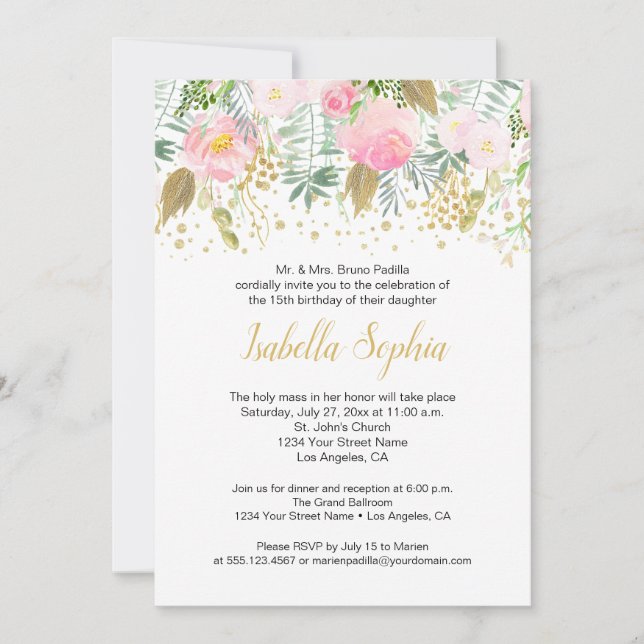 Blush Pink Roses Gold Glitter Greenery Quinceanera Invitation (Front)