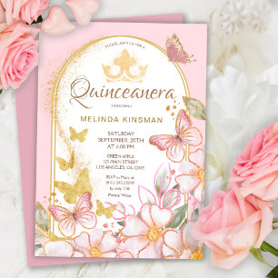 Blush Pink Roses Gold Glitter Quinceanera Party Invitation