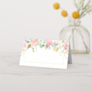 Blush Pink Roses Gold Green Leaves Folded Place Card