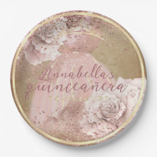 Blush Pink Roses Gold Quinceañera on Parchment Paper Plate