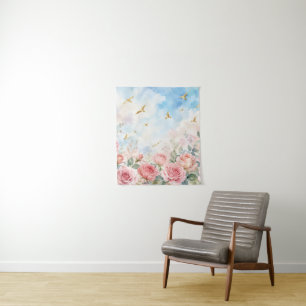 Blush Pink Roses & Golden Birds Watercolor Floral  Tapestry